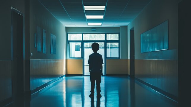 Silhouette of a lonely pupil standing in a dark school corridor, evoking feelings of back to school anxieties, challenges, and the solitude often experienced in educational settings