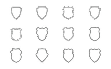 Set of blank shield three outline icons. Collection of simple heraldic badge shapes, black linear emblems of arms templates for logo, label, or security symbol design. Editable Stroke