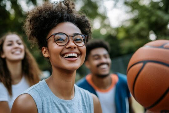 Diverse young adults smiling, playing basketball outdoors. Happiness, friendship, healthy lifestyle, and teamwork in action