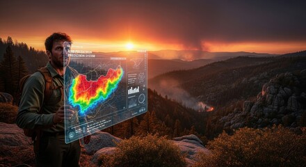  ai and human teamwork. man holding transparent display with weather prediction system overlayed on mountain landscape with wildfire