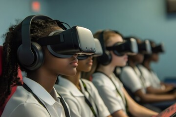 Young diverse students are wearing VR headsets and headphones, engaging with virtual reality technology in a modern classroom setting
