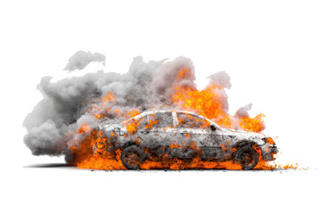 Car engulfed in flames and smoke in a dramatic explosion on a white background