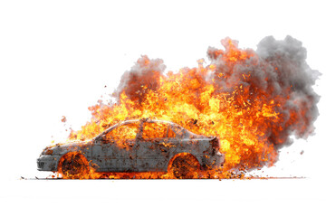 Car engulfed in flames and smoke against a white background