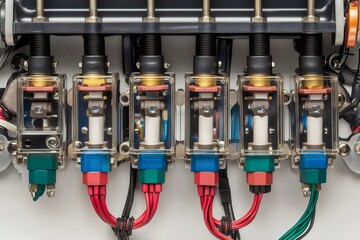 Close up view of multiple car electrical system components showing detailed internal mechanisms, color coded wiring, and connections