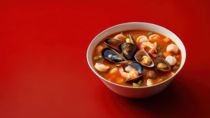 Savor the rich flavors of a vibrant seafood stew, brimming with plump shrimp, succulent mussels, and tender clams in a savory broth.