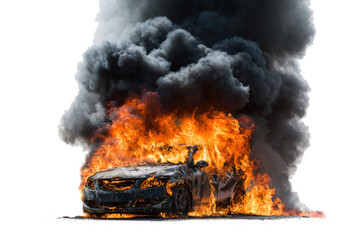 A car engulfed in flames and thick black smoke against a white background