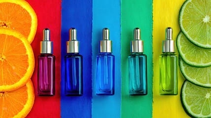 Colorful oil bottles with citrus slices on vibrant background