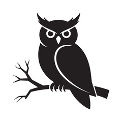 Silhouette of a fierce owl perched on a bare tree branch against a white background