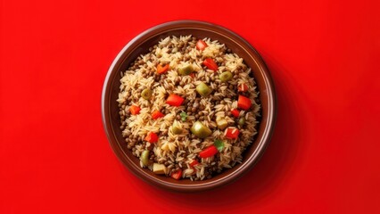 Vibrant rice and lentil bowl bursting with colorful diced vegetables and olives, a delicious and healthy meal on a striking red background