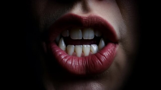Open mouth with fangs showing in dark environment  