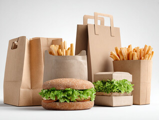 Clean Fast-Food Takeaway Scene Paper Bags Cardboard Containers Sandwiches