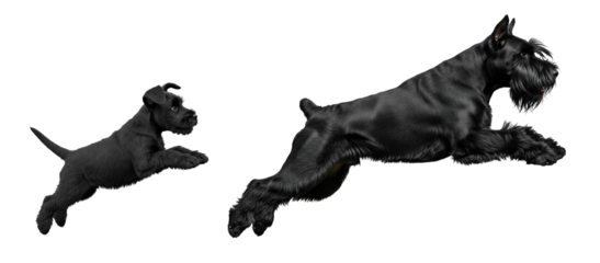 Giant Schnauzer adult and puppy jumping joyfully in a playful moment on a clear background