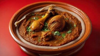Savor a rich, savory chicken stew with injera bread, a hearty and flavorful Ethiopian delicacy perfect for sharing.