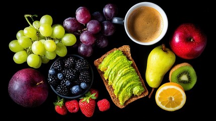Healthy breakfast with fresh fruits, coffee, avocado toast