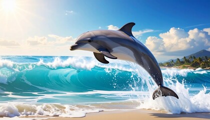Fototapeta premium A joyous dolphin leaps from the ocean, showcasing its graceful aquatic movements in the sunlight