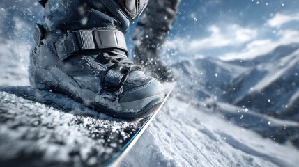 Close-up of a snowboarder's feet on a snowy mountain on his snowboard