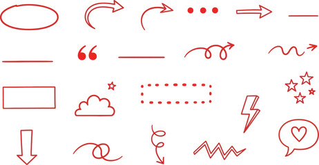 Red Hand Drawn Arrow Set on White Background, Doodle Style Icons, Line Art Elements