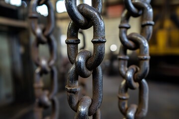 Fototapeta premium Metal chains hang in a blurred industrial setting with machinery visible.