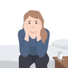 Sad stressed woman sitting on bed with head in hands, feeling anxiety and depression. Flat vector illustration isolated on white background