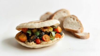 Freshly prepared pita sandwich overflowing with vibrant roasted vegetables and creamy hummus, perfect for healthy eating and culinary inspiration.