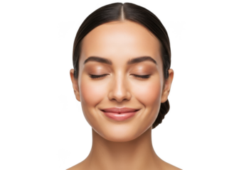 Portrait of a beautiful young woman with closed eyes smiling gently isolated on transparent background concept of natural beauty, skincare, and wellness