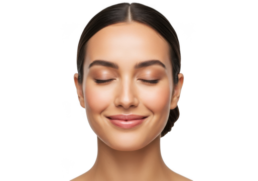 Portrait of a beautiful young woman with closed eyes smiling gently isolated on transparent background concept of natural beauty, skincare, and wellness