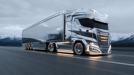 Naklejka premium Sleek Futuristic Chrome Semi-Truck on Highway, Modern Transportation Concept