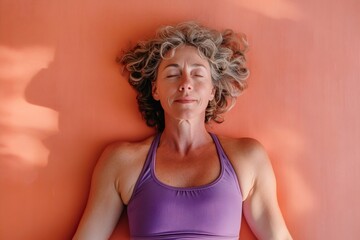 Middle aged woman lying on a yoga mat, eyes closed, finding peace and relaxation during a mindfulness practice