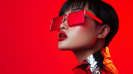 Stylish woman with square red sunglasses in a monochromatic setting. Bold color and modern fashion create a striking and vibrant visual.