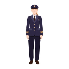 Pilot in professional airline uniform, standing confidently with cap and formal attire. Flat vector illustration isolated on white background