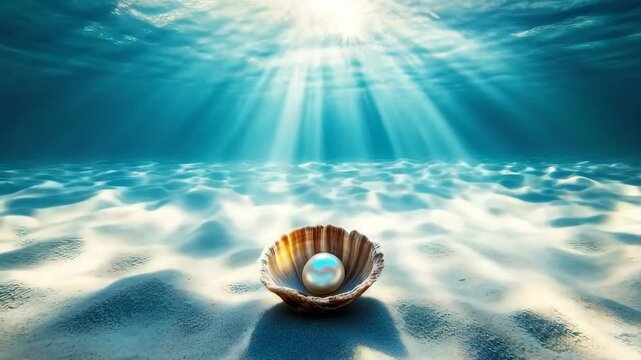 Underwater pearl in a shimmering shell surrounded by soft sand