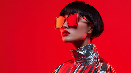 Futuristic fashion portrait. A woman wearing striking red sunglasses and a shiny silver jacket stands against a bold red backdrop. Modern chic.