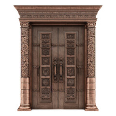 Fototapeta premium Ornate bronze double door isolated on transparent background, with detailed carvings and columns