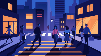Obraz premium An evening city scene with illuminated windows and busy pedestrians crossing a crosswalk capturing the vibrancy of nightlife and street culture.