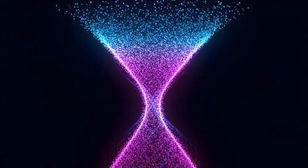 Fototapeta premium Abstract hourglass with glowing particles in blue and purple on black background time concept design