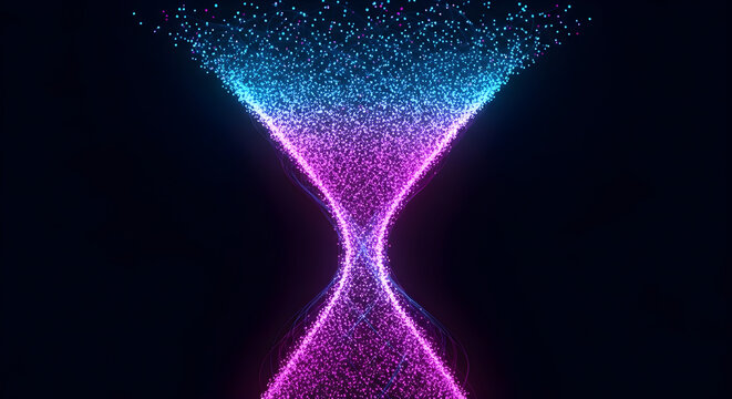 Abstract hourglass with glowing particles in blue and purple on black background time concept design