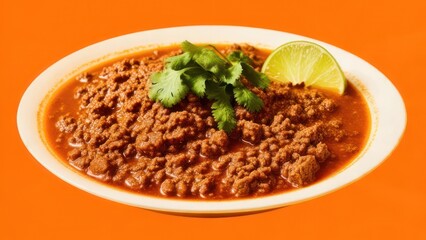 Savory seasoned ground beef chili served in a white bowl with fresh cilantro and a lime wedge, perfect for comfort food cravings