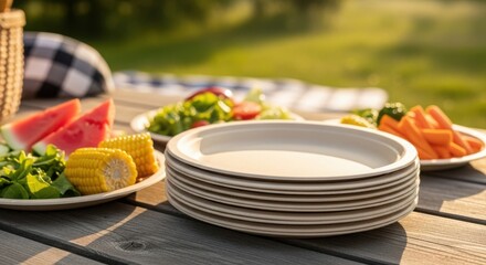Colorful picnic plates and fresh vegetables on wooden table