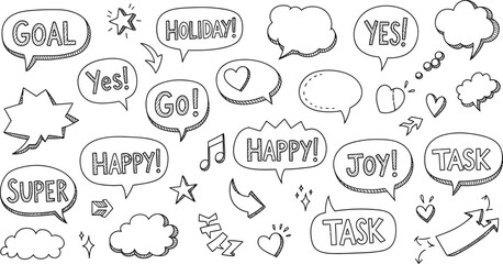 Speech Bubbles with Words and Symbols Hand Drawn Doodle Style on White Background