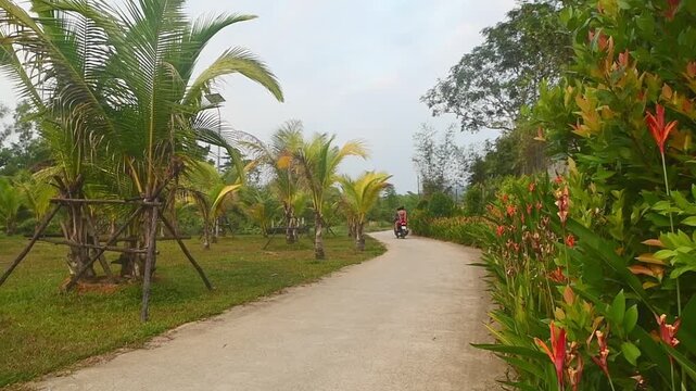 Vietnam - 16th march, 2024: Young happy caucasian couple e having fun pose on scooter together with palm trees, drive red scooter.Tropical road trip in southeast asia. Couple in love having fun travel