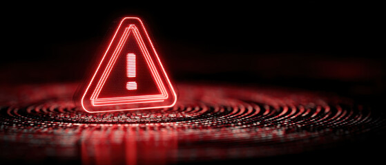 Warning sign red triangle exclamation mark cyber security data breach digital alert glowing neon dark background risk hazard