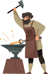 Blacksmith forging metal, traditional craftsmanship, sparks flying, handmade tools, artisan at work, metalworking scene, workshop action, skilled labor, vintage forge