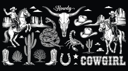 Vector art of a captivating monochrome vector art piece showcasing the wild west, featuring cowboys on horseback, a longhorn skull, and desert flora, all rendered in a striking black and white palette