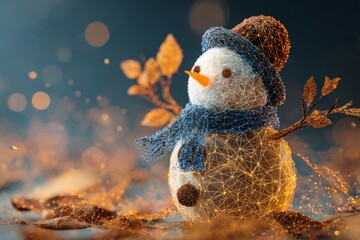 Obraz premium Joyful snowman amidst autumnal hues as nature transitions in subtle grace. Smart technology. Cheerful snowman with vibrant scarf highlights the magic of seasonal change. Intelligent grid.