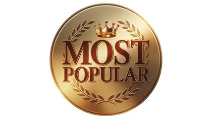 A golden medal with the words most popular and a crown on top of the medal on a white background