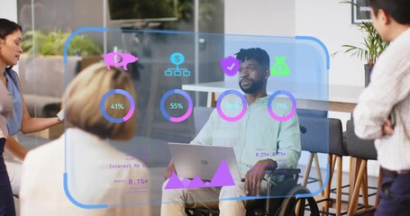 Wheelchair presenter opening laptop projecting 3D finance dashboard as team analyzing metrics - Powered by Adobe