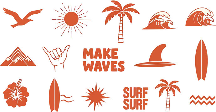 Vector art of a vibrant collection of summer and surfing icons, , featuring a seagull in flight, a radiant sun, a swaying palm tree, crashing waves, majestic mountains, and a shaka hand sign