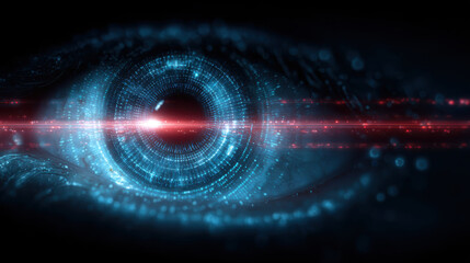 Futuristic eye cyber security digital eye biometric scan data stream neon glow blue light red light technology concept. Futuristic eye watches
