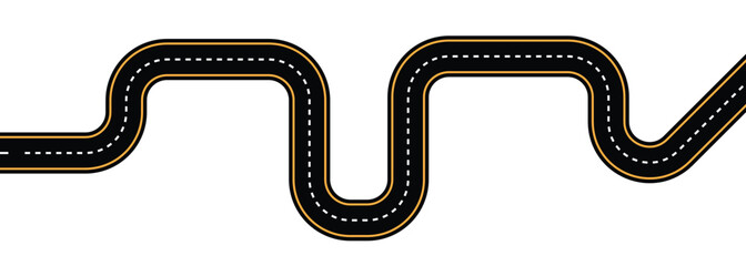 Road line. Wavy winding curves roads path. View on road map. highway road silhouette vector, road icon. Top view of race track and highway. Vector illustration 