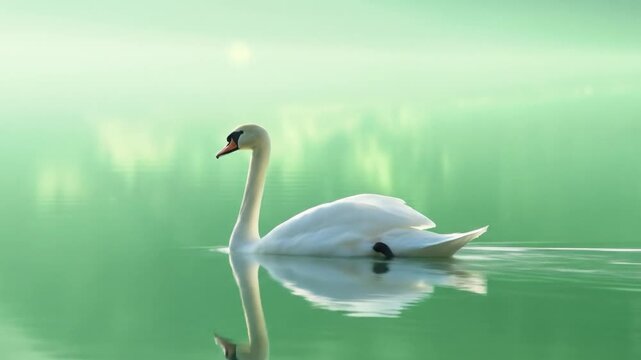 Swan floating on water with reflections
